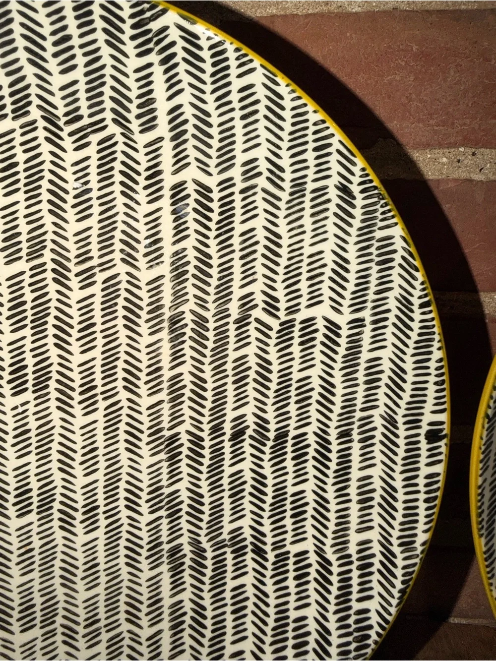 OKA Mustard Yellow Ochre Dash Herringbone Dinner Plates Teal Rim Set of 4